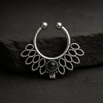 Load image into Gallery viewer, Oxidized Silver Floral Septum Ring with Black Stone – Elegant Rajasthani Inspired Nose Jewelry