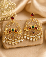 Load image into Gallery viewer, Oxidized Silver Gold Finish Peacock Chandbali Earrings with Pearl Drops