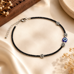 Load image into Gallery viewer, Retro Evil Eye Black Crystal Beaded Oxidized Silver Anklet for Women | Vintage Boho Adjustable Payal