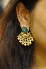Load image into Gallery viewer, Akshara Antique Gold Tone Earrings with Blue Stone, Ruby AD Accents, Pearls & Ghungroo Jhumka Drops