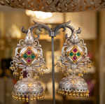 Load image into Gallery viewer, Handcrafted Oxidized Silver Jhumka Earrings with Ruby & Emerald Stones