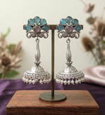Load image into Gallery viewer, Oxidized Silver Jhumka Earrings with Blue Stones and Pearl Drops