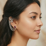 Load image into Gallery viewer, Handcrafted Triple-Chain Ear Cuff with Ruby Gemstone Stud