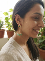 Load image into Gallery viewer, Handcrafted Kundan Statement Earrings with Pearl Chains & Green Semi-Precious Drops