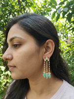 Load image into Gallery viewer, Handcrafted Kundan Statement Earrings with Pearl Chains & Green Semi-Precious Drops