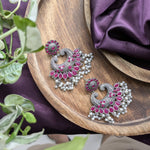 Load image into Gallery viewer, Oxidised Silver Chandbali Earrings with Red Stones & Pearls