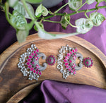 Load image into Gallery viewer, Oxidised Silver Chandbali Earrings with Red Stones & Pearls