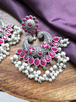 Load image into Gallery viewer, Oxidised Silver Chandbali Earrings with Red Stones & Pearls