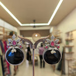 Load image into Gallery viewer, German Silver Earrings with Black Stone & Pearl Drops
