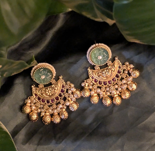 Akshara Antique Gold Tone Earrings with Blue Stone, Ruby AD Accents, Pearls & Ghungroo Jhumka Drops