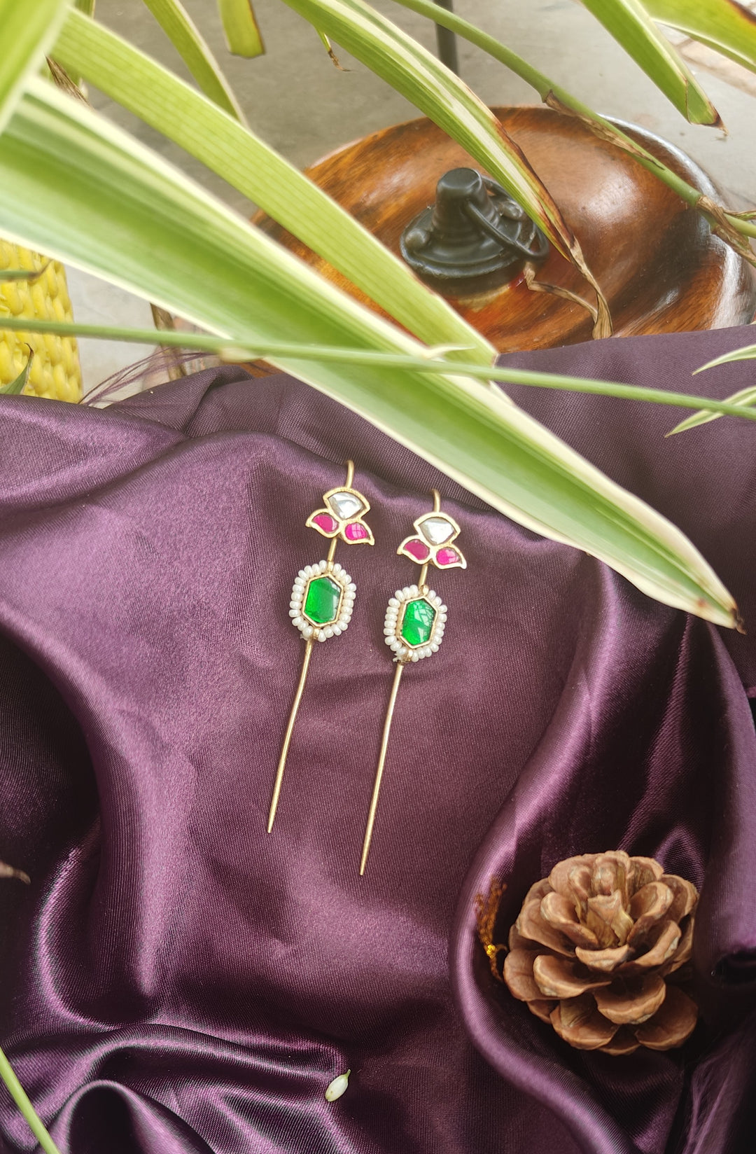 Kundan Brass Earcuffs with Green & Pink High-Quality Stones and Pearl Detailing