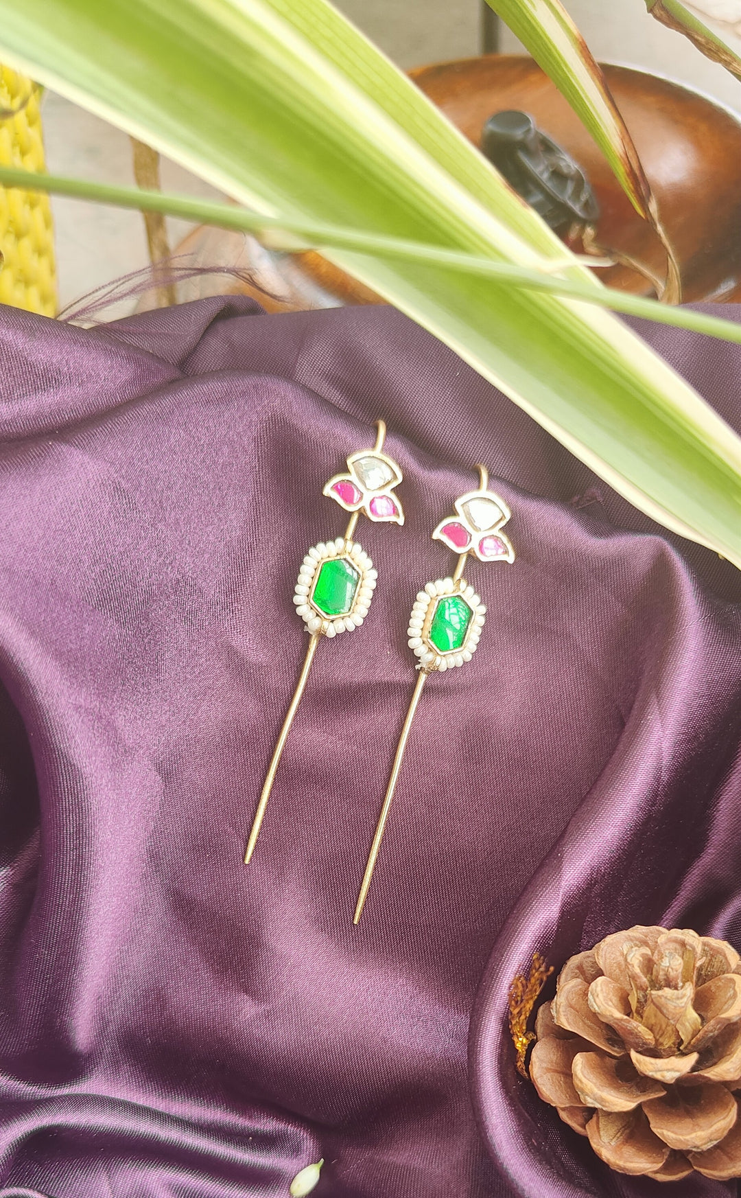 Kundan Brass Earcuffs with Green & Pink High-Quality Stones and Pearl Detailing