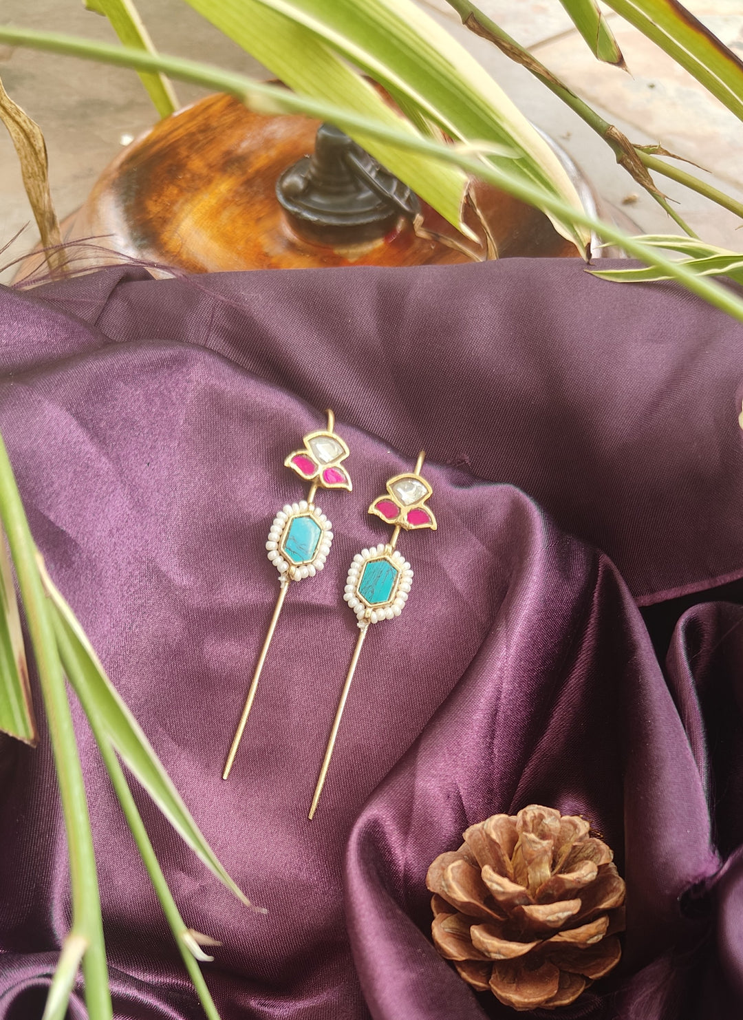 Kundan Earcuffs with Turquoise & Pink Stones