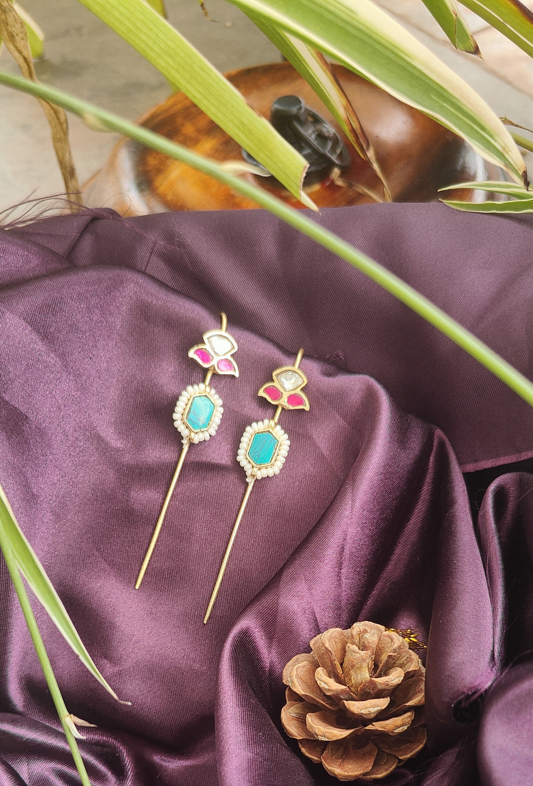 Kundan Earcuffs with Turquoise & Pink Stones