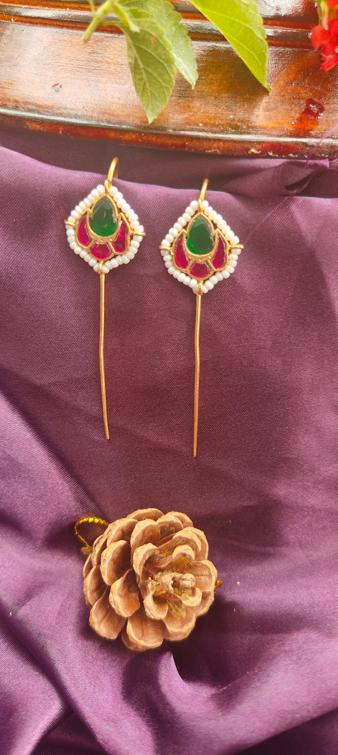 Royal Kundan Pearl Earcuffs – Green & Pink