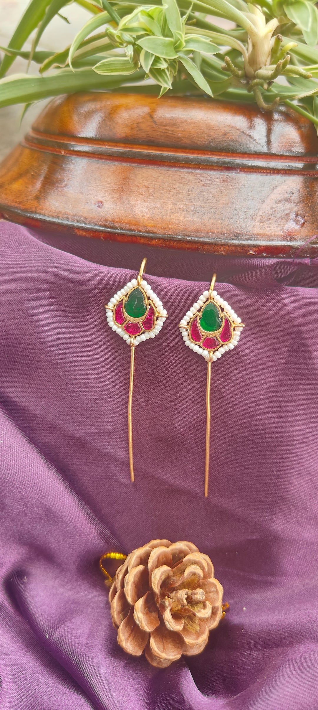 Royal Kundan Pearl Earcuffs – Green & Pink