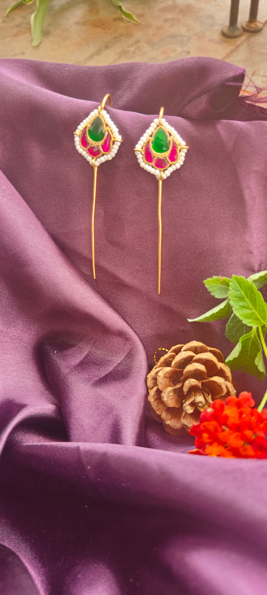 Royal Kundan Pearl Earcuffs – Green & Pink