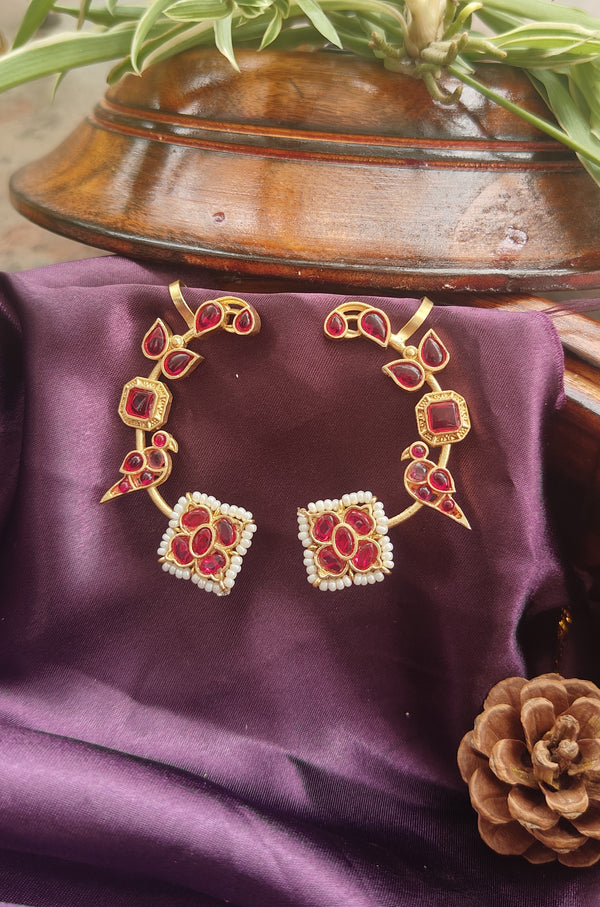 Noor Jahan Kundan Pearl Earcuffs – Ruby Red Edition