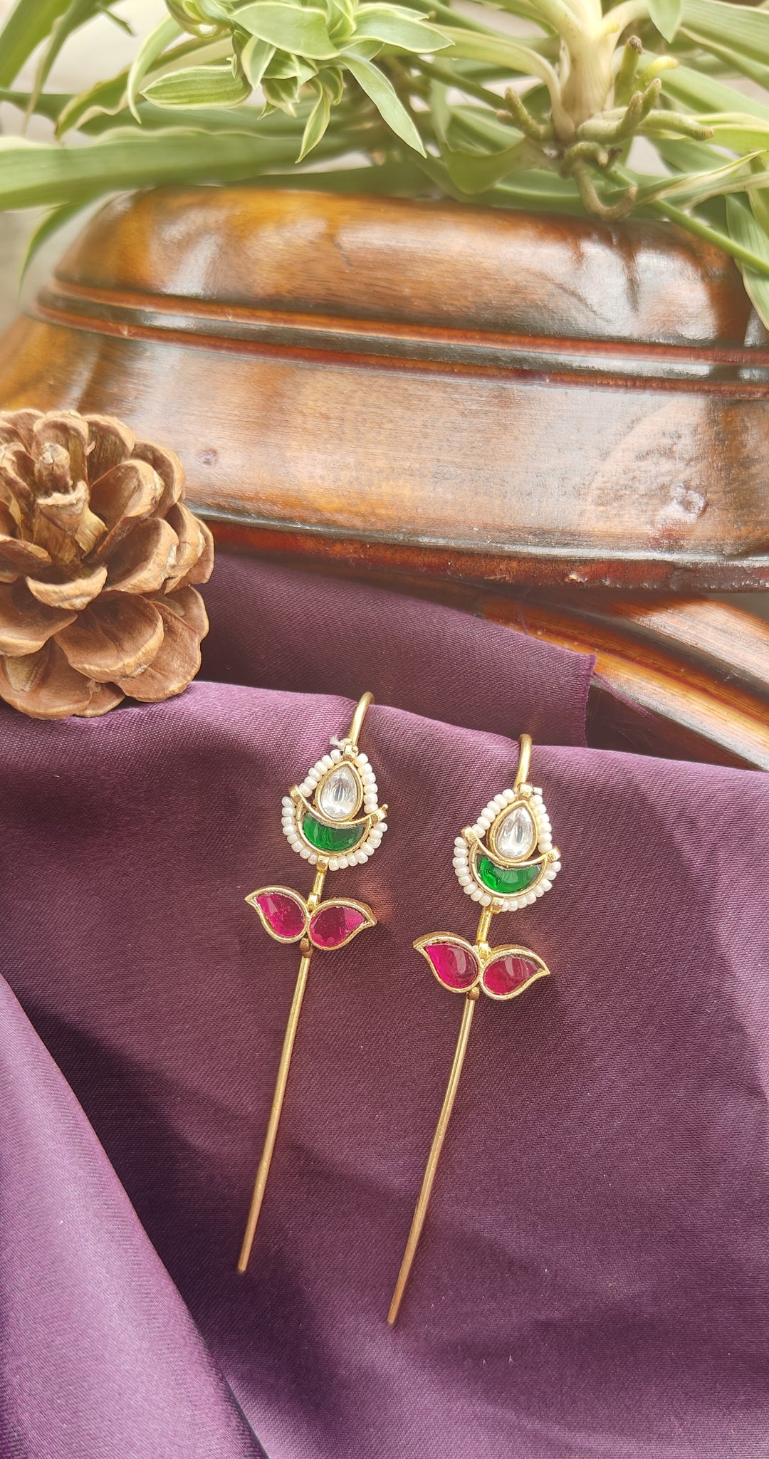 Royal Kundan Pearl Earcuffs – Green & Pink Drop