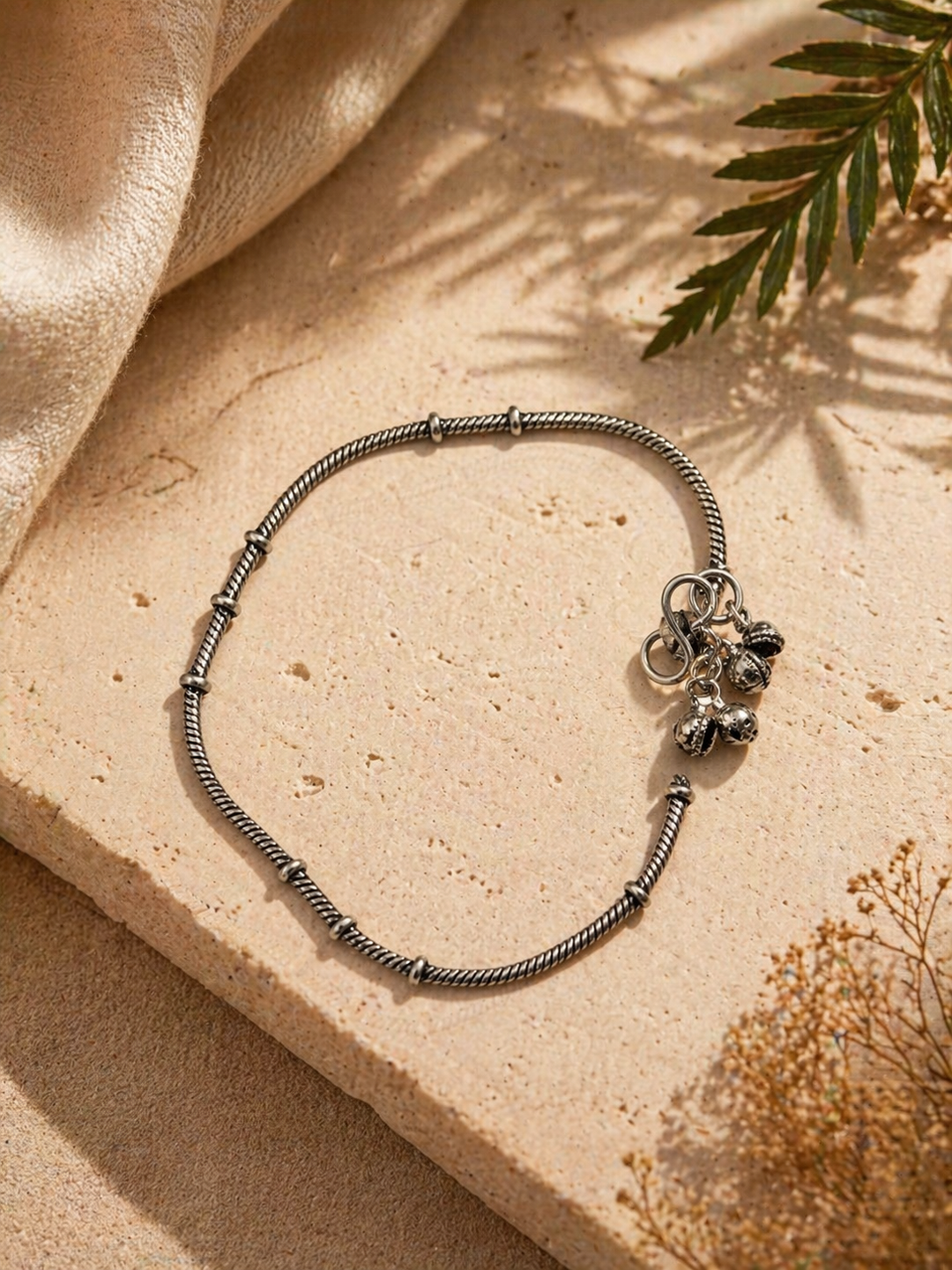 Oxidized Silver Anklet for Women – Minimal Boho Payal with Charms, Adjustable Vintage Indian Foot Jewelry (Pair)