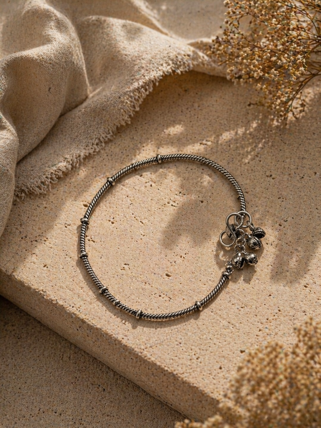 Oxidized Silver Anklet for Women – Minimal Boho Payal with Charms, Adjustable Vintage Indian Foot Jewelry (Pair)