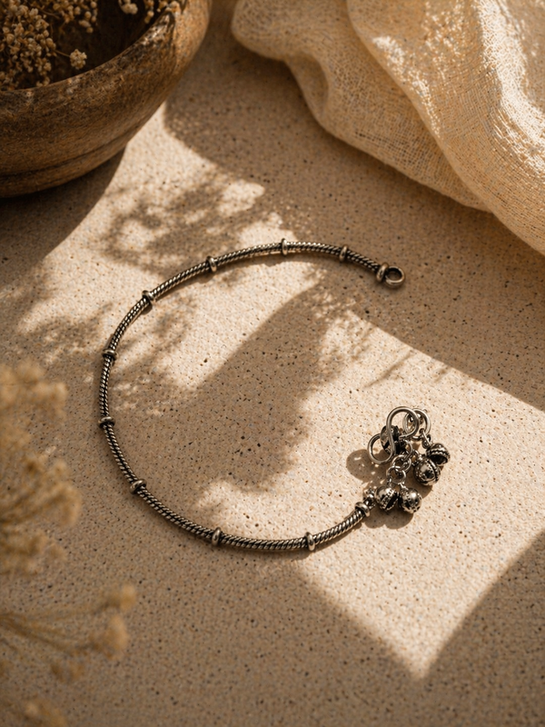 Oxidized Silver Anklet for Women – Minimal Boho Payal with Charms, Adjustable Vintage Indian Foot Jewelry (Pair)
