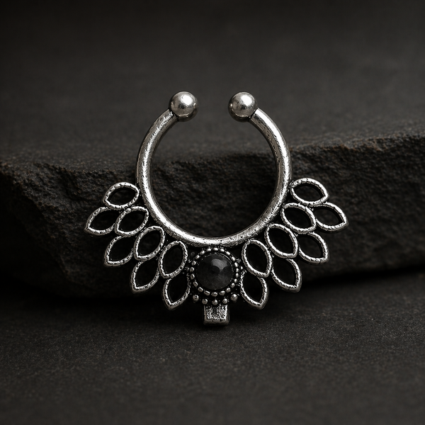 Oxidized Silver Floral Septum Ring with Black Stone – Elegant Rajasthani Inspired Nose Jewelry