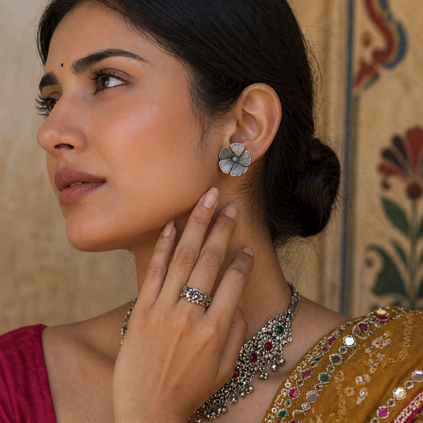 Oxidized Silver Floral Stud Earrings with Textured Petal Design | Vintage Tribal Jewelry