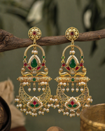Load image into Gallery viewer, Oxidized Silver Gold Finish Temple Dangler Earrings with Pearl Drops
