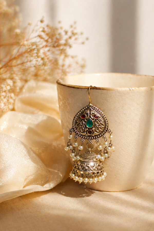 Antique Oxidized Silver Jhumka Earrings with Pearl Drops & Gemstone Accents
