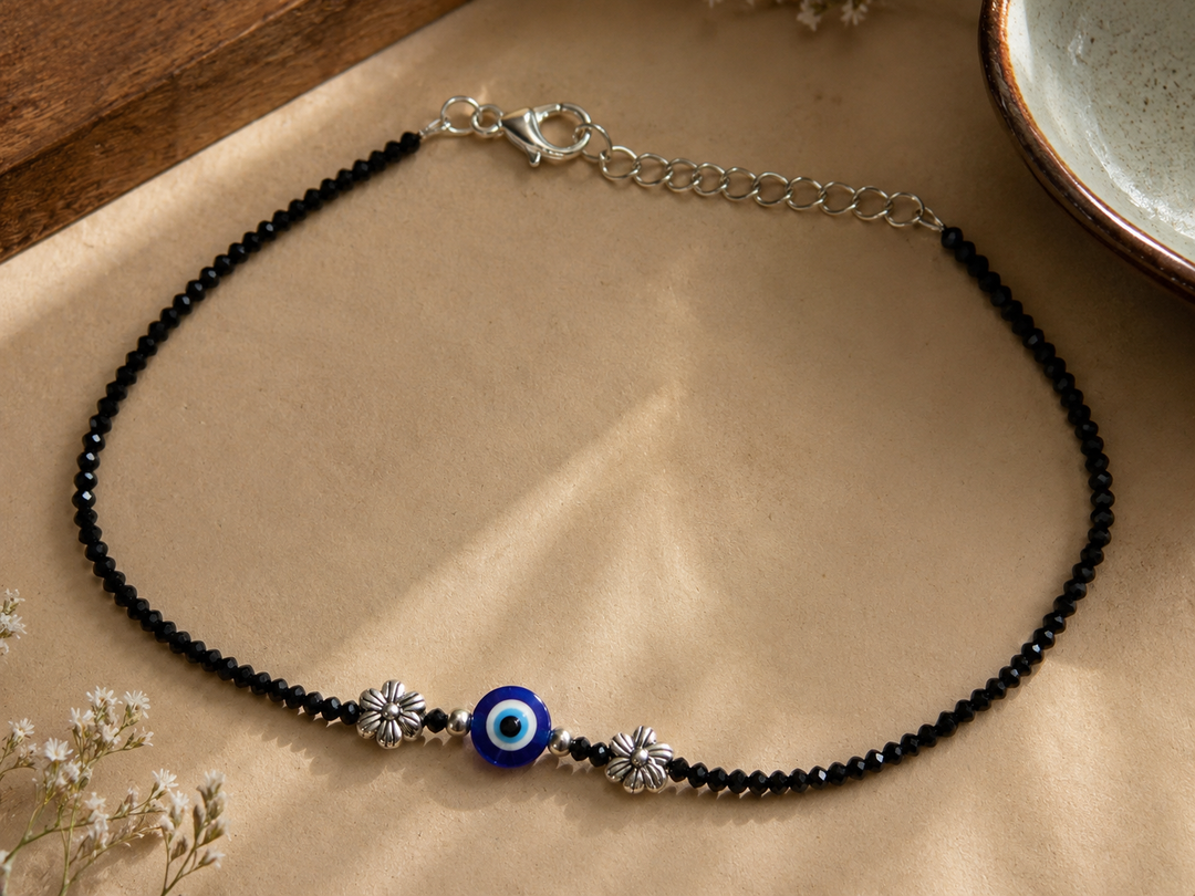 Midnight Evil Eye Crystal Oxidized Silver Anklet – Handmade Black Crystal Beaded Protection Anklet for Women