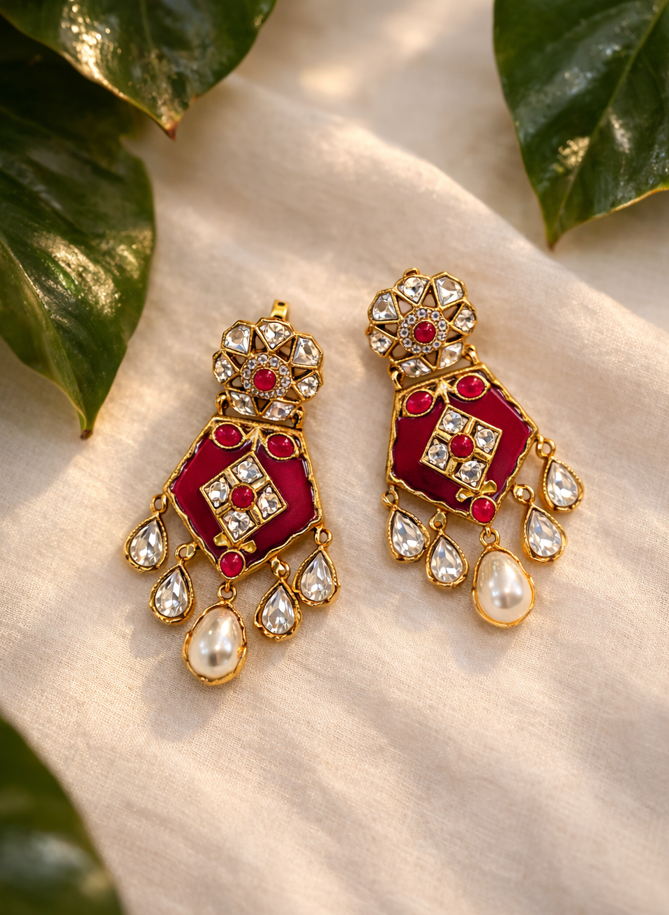 Handcrafted Kundan Jhumka Earrings with Red Stone Inlay & Pearl-Polki Drops