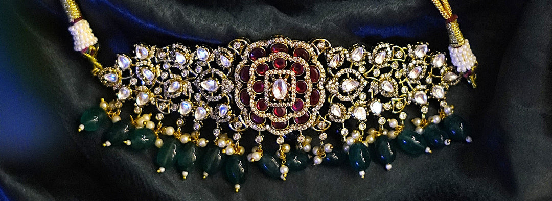 Royal Jadau Kundan Choker Set with Green Stone Drops & CZ Embellishments