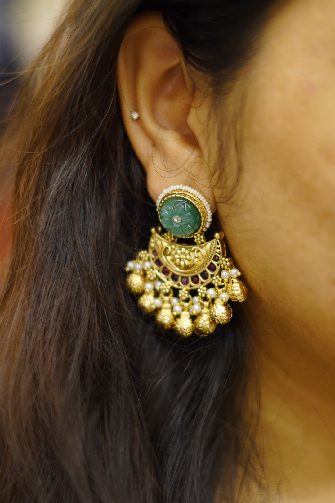 Akshara Antique Gold Tone Earrings with Blue Stone, Ruby AD Accents, Pearls & Ghungroo Jhumka Drops