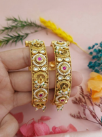 Load image into Gallery viewer, Antique Gold Plated Kundan Jadau Bangles with CZ, Ruby Stones &amp; Pearl Cluster Dangles - Set of 2
