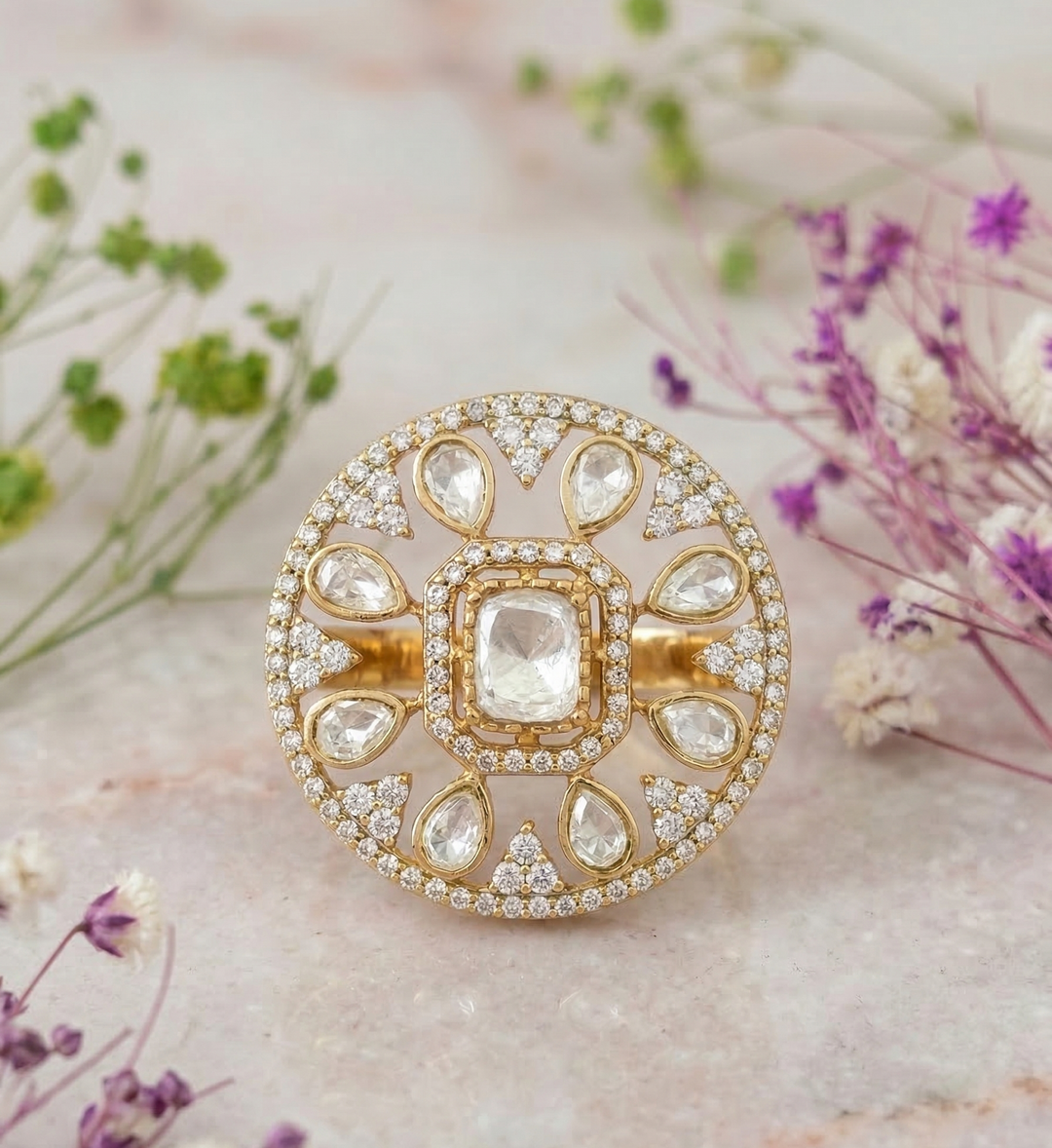 Kundan Jadau Statement Ring with CZ Stone Embellishments