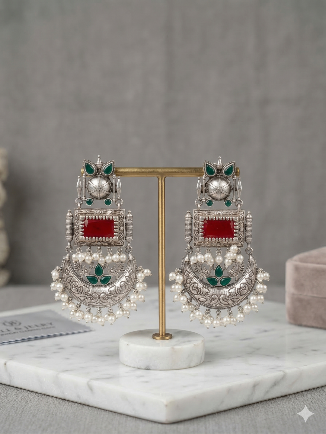 Handcrafted Oxidized Silver Chandbali Earrings with Red & Green Stones