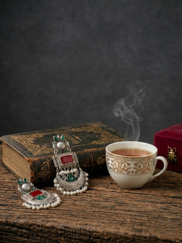 Handcrafted Oxidized Silver Chandbali Earrings with Red & Green Stones