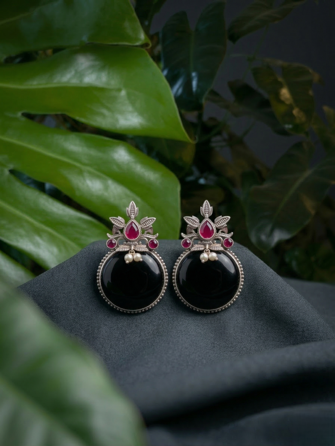 German Silver Earrings with Black Stone & Pearl Drops