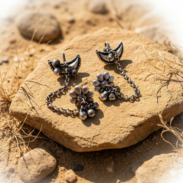 Oxidized Silver Floral Earcuff with Hanging Chain and Ghungroo Bells