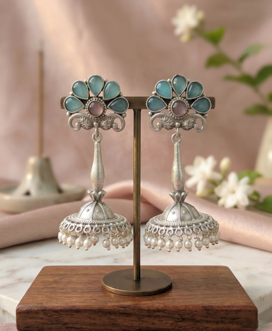 Oxidized Silver Jhumka Earrings with Blue Stones and Pearl Drops