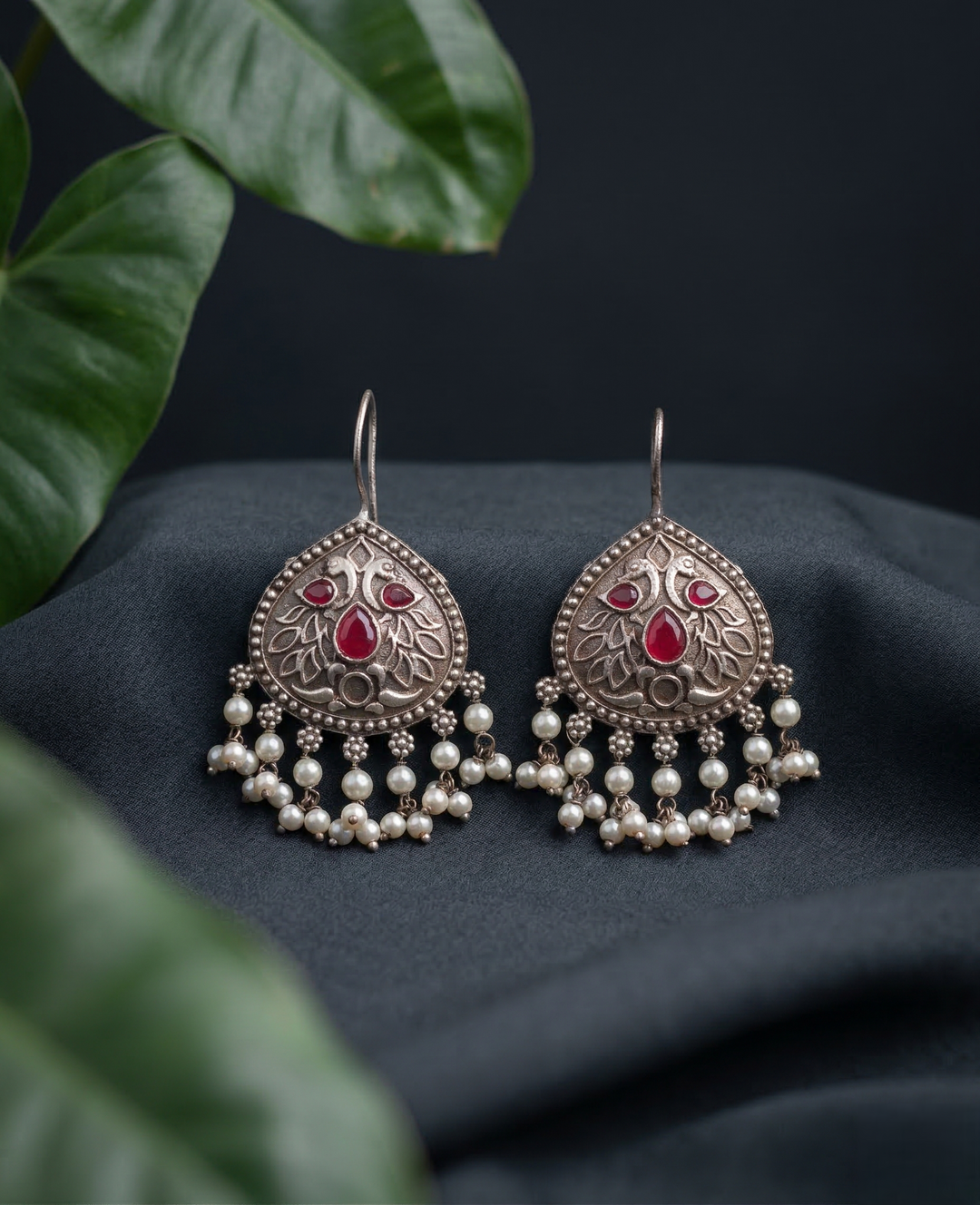 Vintage Oxidized Silver Jhumka Earrings with Pearl Drop