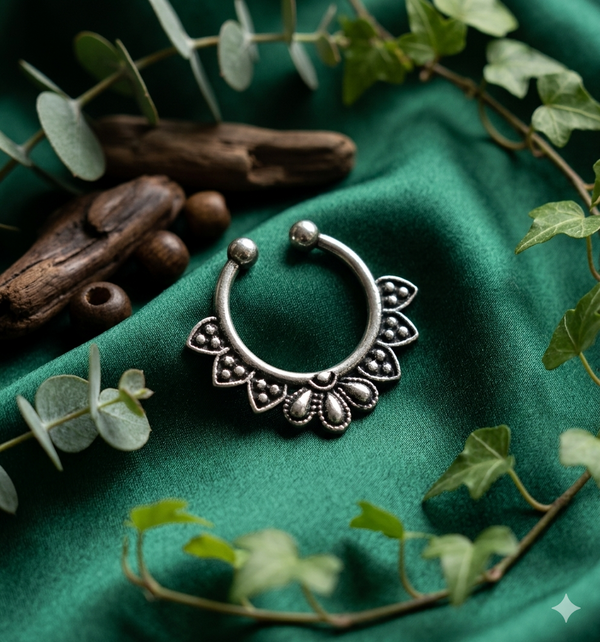 Oxidized Silver Septum Ring – Floral Boho Tribal Nose Jewelry with Vintage Finish