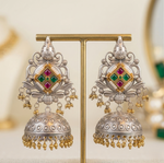 Load image into Gallery viewer, Handcrafted Oxidized Silver Jhumka Earrings with Ruby &amp; Emerald Stones
