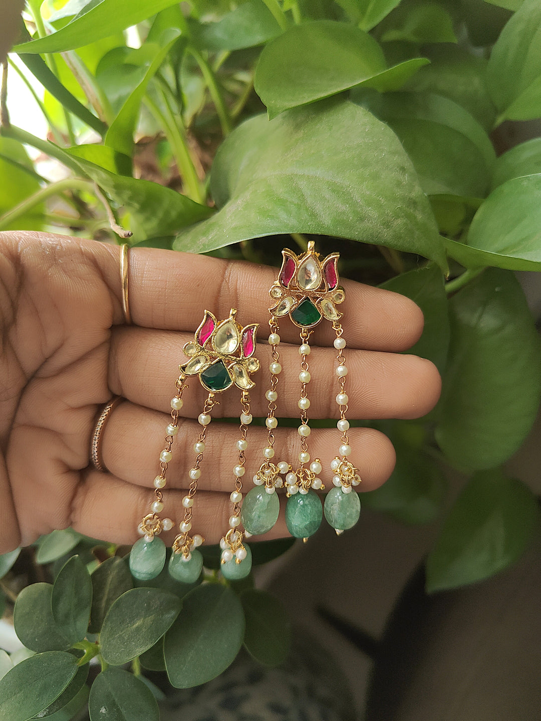 Handcrafted Kundan Statement Earrings with Pearl Chains & Green Semi-Precious Drops