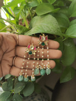 Load image into Gallery viewer, Handcrafted Kundan Statement Earrings with Pearl Chains &amp; Green Semi-Precious Drops
