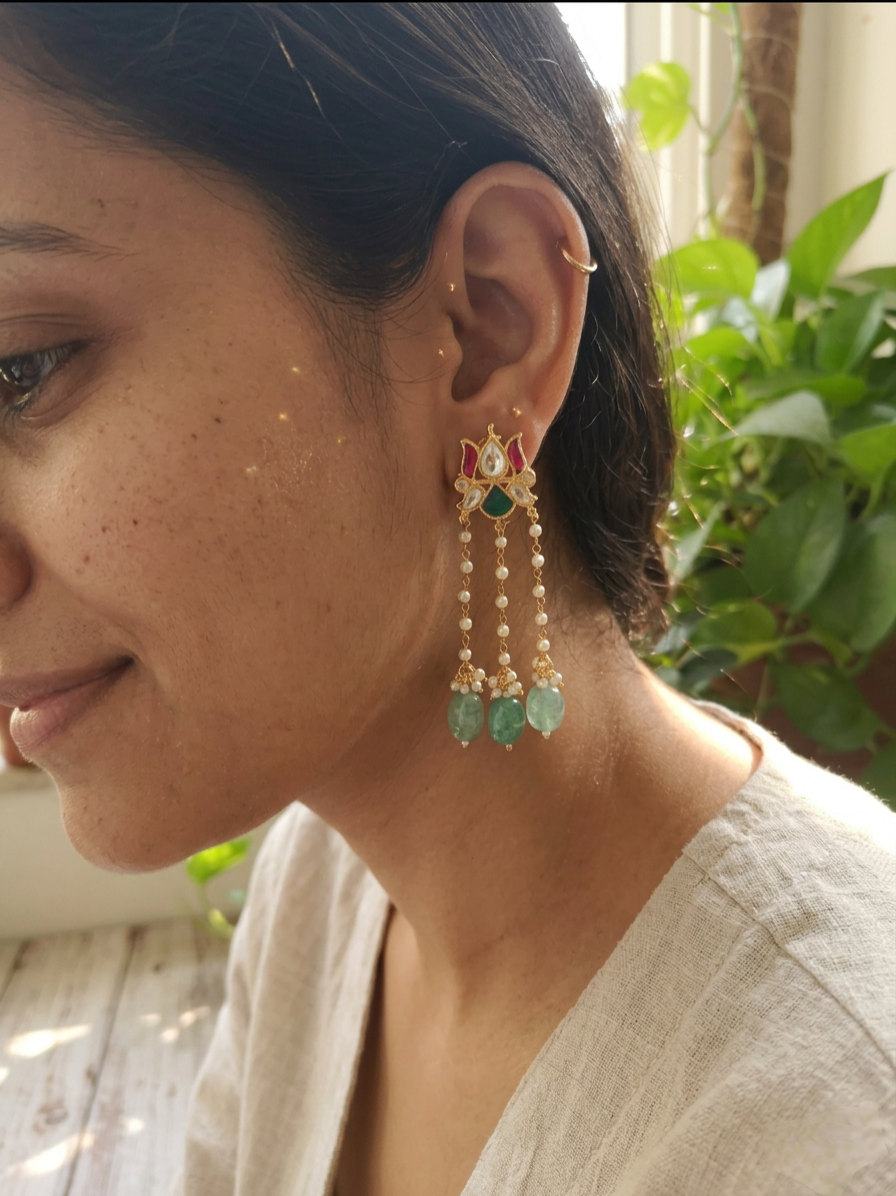 Handcrafted Kundan Statement Earrings with Pearl Chains & Green Semi-Precious Drops