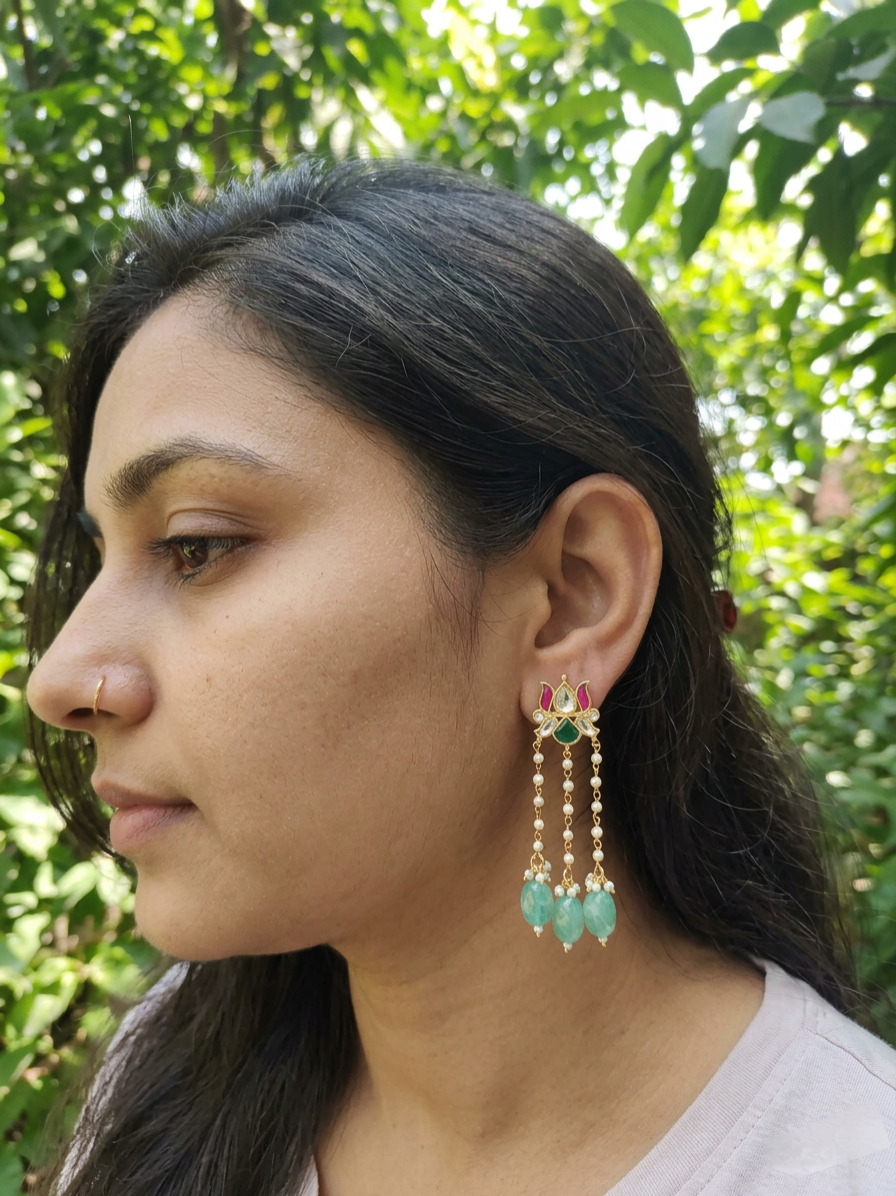 Handcrafted Kundan Statement Earrings with Pearl Chains & Green Semi-Precious Drops