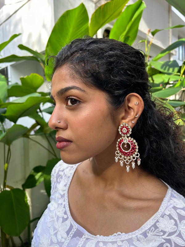 Polki Ruby Pearl Chandbalis with Pearl Drops
