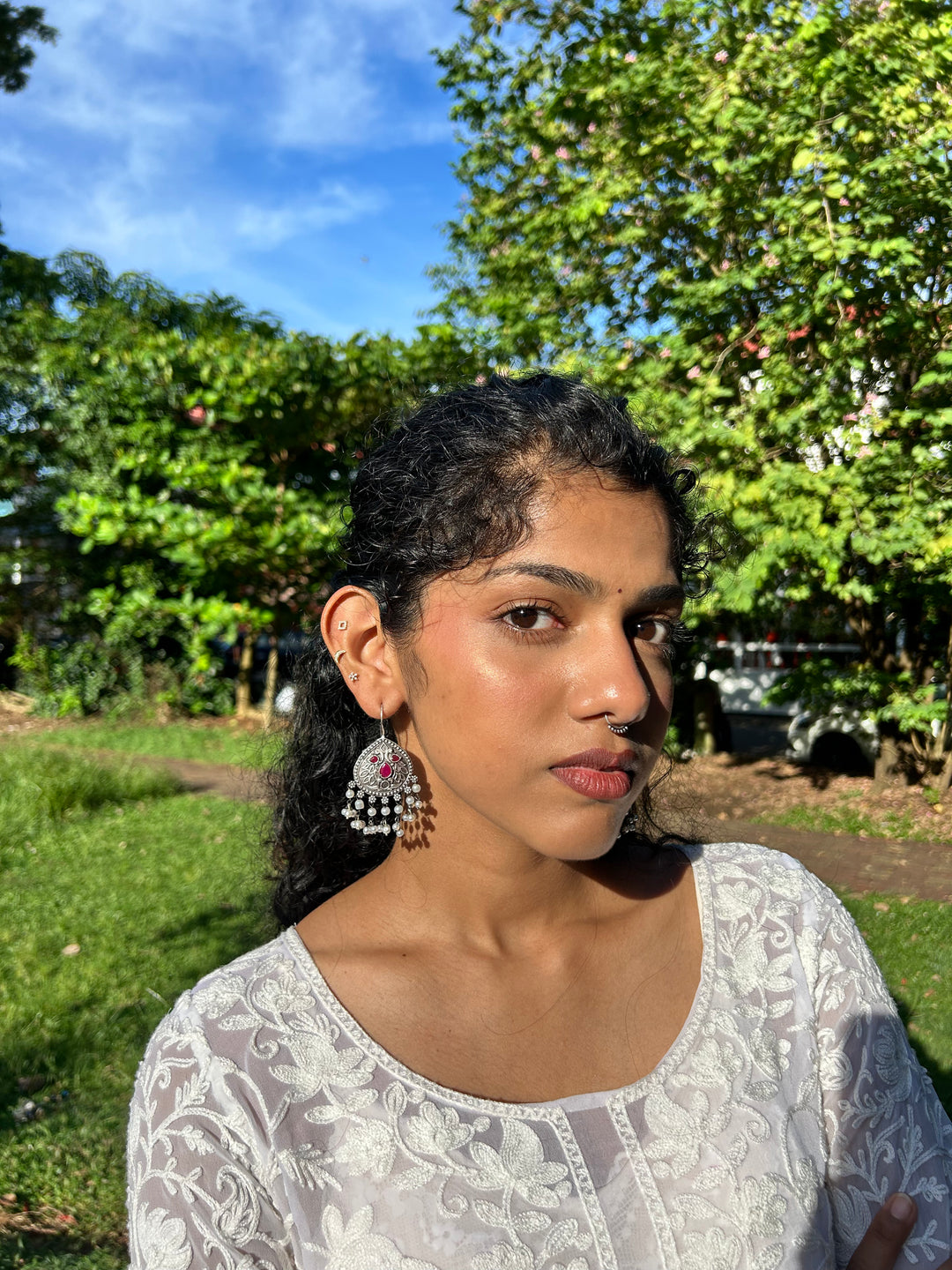 Vintage Oxidized Silver Jhumka Earrings with Pearl Drop